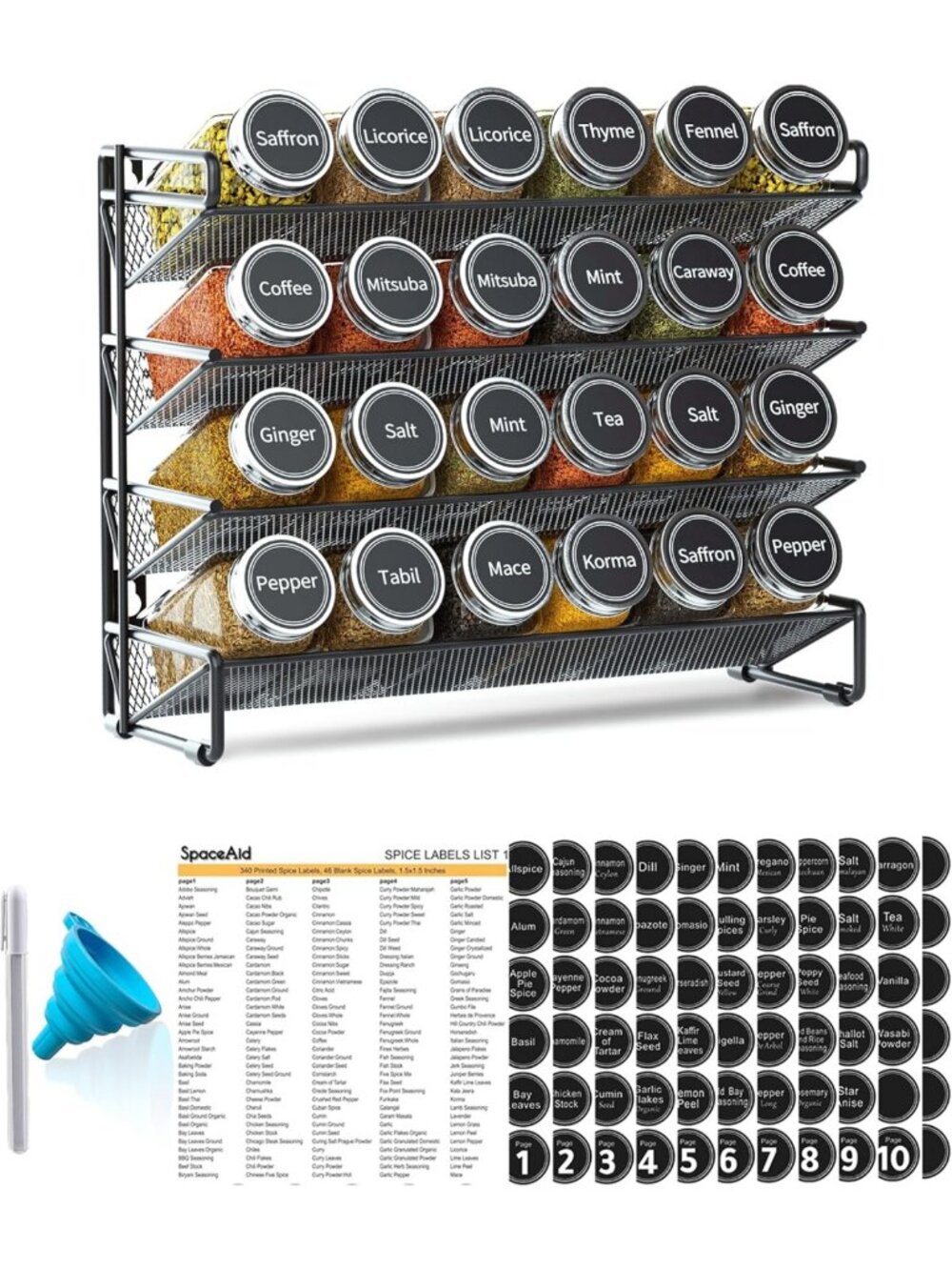 Spice Rack Organizer Set with 24 Jars, 386 Labels, Chalk Marker & Funnel - Black